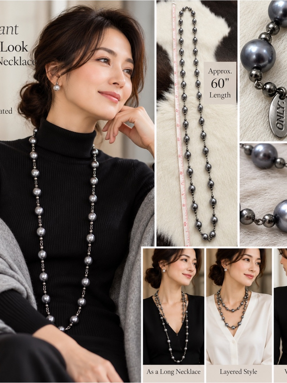 Long Gunmetal Gray Pearl Beaded Layering Necklace 60”